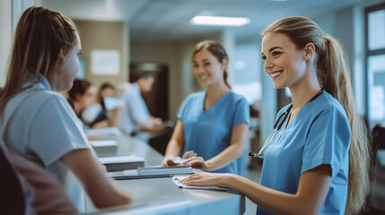 Obraz premium Friendly healthcare staff interacting at a reception area.