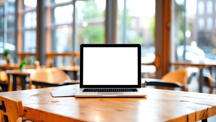 Laptop computer on wooden table with empty screen