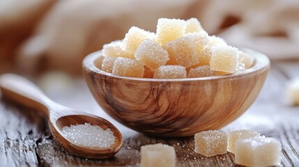 Sweet, sugared cubes in a wooden bowl