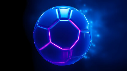 Naklejka premium Futuristic Soccer Ball: Glowing neon soccer ball with vibrant purple and blue light effect, futuristic design, abstract, digital art, modern technology