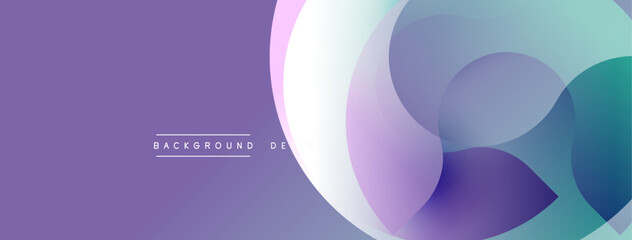 Abstract purple background features overlapping circles. Gradient colors blend smoothly, creating dynamic visual effect. Minimalist design.