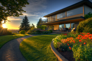 Obraz premium Luxurious house with beautiful garden at sunset