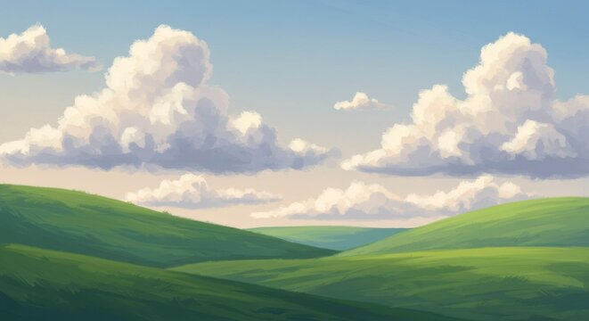 Rolling hills and fluffy clouds