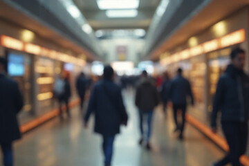 Busy urban subway station filled with commuters walking through blurred corridor, showcasing hustle and bustle of city life. warm lighting and vibrant atmosphere create lively scene