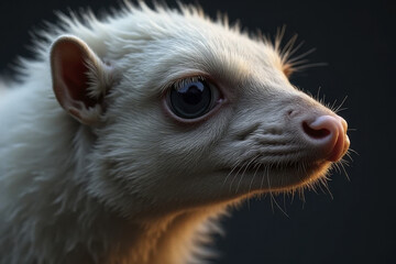 Close up of white hedgehog with soft fur and large, expressive eyes, showcasing its unique features against dark background. image captures animal curious expression and delicate details