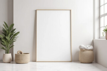 Minimalist interior scene featuring blank frame on light wall, surrounded by decorative plants and woven baskets. serene atmosphere invites creativity and calmness