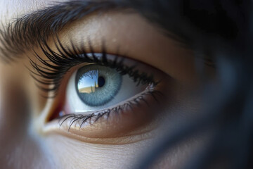 Close up of human eye showcasing striking blue iris and long eyelashes, reflecting serene landscape in pupil, evoking sense of wonder and curiosity