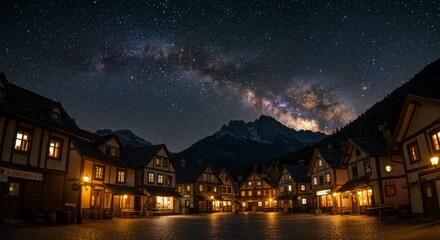 Fototapeta premium Charming Alpine village square bathed in starlight, milky way stretching across a mountain backdrop