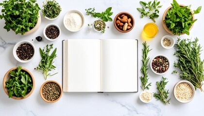 A collection of fresh herbs, spices, and an open recipe book showcases culinary creativity.