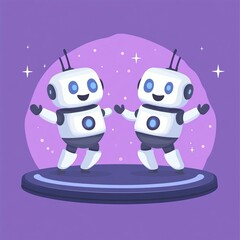 Obraz premium A disco scene with two dancing robots is presented in this isolated modern illustration