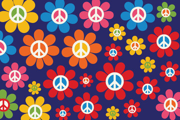 Colorful Peace Sign Flowers Retro 1960s Pattern