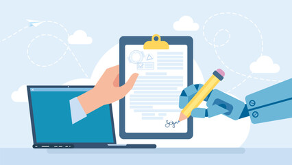 Robot hand holding pen signature document signing up contract in laptop app, humanoid sign agreement. Artificial intelligence digital futuristic technology concept. Vector illustration