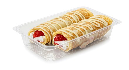 Two strawberry cream crepes in plastic packaging