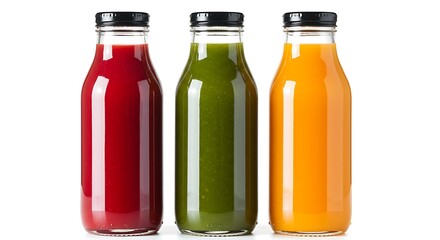 Three bottles of colorful fresh fruit and vegetable juices