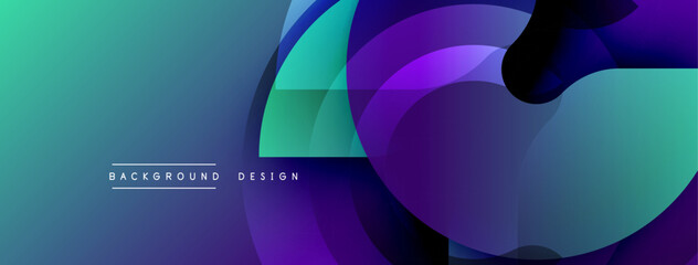 Abstract geometric shapes blend vibrant turquoise, purple hues. Modern design evokes dynamic energy, smooth transitions. Background features layered forms.