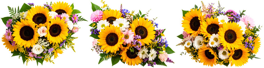 Naklejka premium Set of yellow and pink rose flower bouquets, wedding decorative elements isolated on