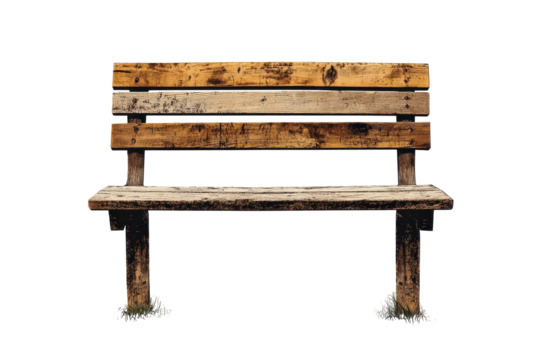 Weathered wooden park bench, simple design, showing age and wear, isolated on black