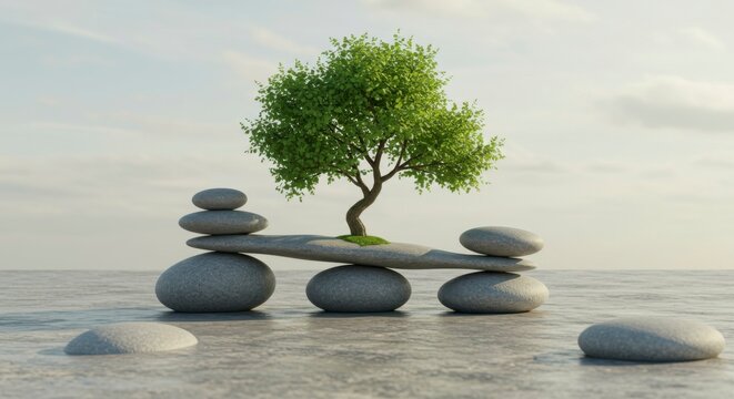 Artistically balanced stones support a small tree, embodying harmony and nature's resilience against the sky