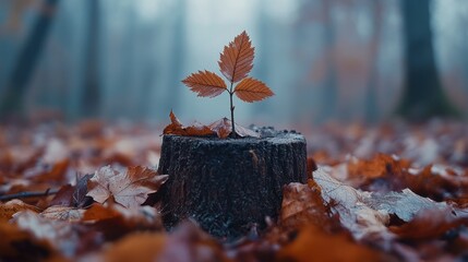 Tiny sprout on forest stump