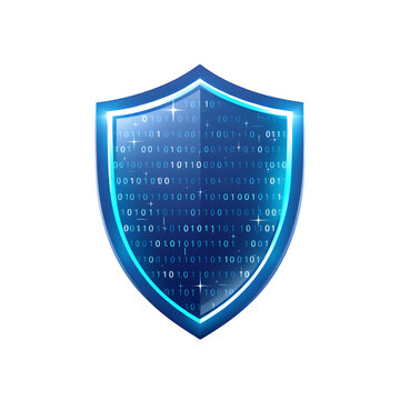 A glowing blue shield with binary code floating inside it representing cyber security protection isolated with white background