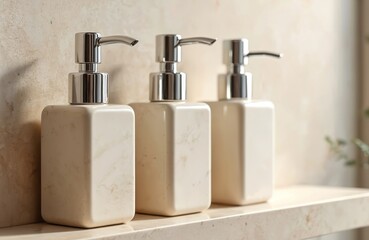 Obraz premium Luxury toiletries bottles in bathroom, modern home or spa. Shower gel shampoo conditioner in ceramic ware with wall background. Cosmetic set for body care, hygiene. Elegant design for beauty routines.
