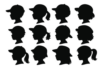 Twelve Children s Silhouettes Wearing Baseball Caps