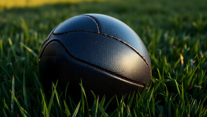 Leather ball on Grass: A detailed shot of a leather ball resting on a bed of lush, green grass, illuminated by the soft glow of natural light.