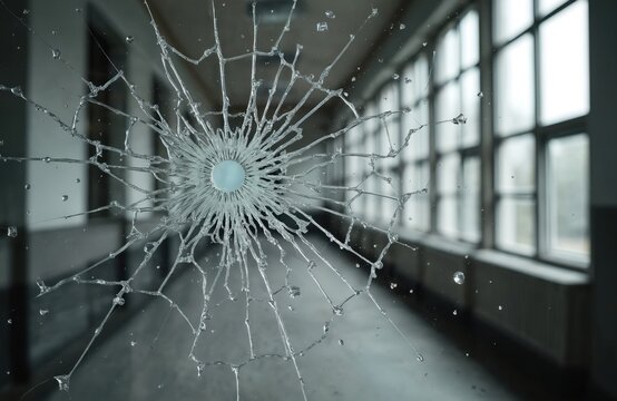 Close-up of shattered window glass in a school building. Broken glass, spider web pattern. Vandalism, damage, accident concept. Education, safety and repair. Background corridor, building interior.