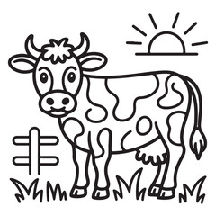 Cartoon Cow in a Pasture with Fence and Clouds - Fun Line Art for Coloring