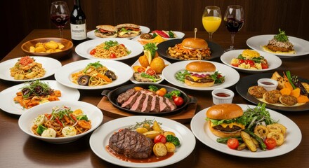 Diverse selection of gourmet dishes, prepared for a large group