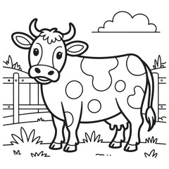Cartoon Cow in a Pasture with Fence and Clouds - Fun Line Art for Coloring