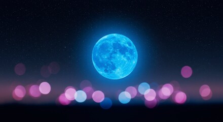 A vibrant blue moon glows brightly against a star-studded night sky, with soft city lights creating a beautiful bokeh effect
