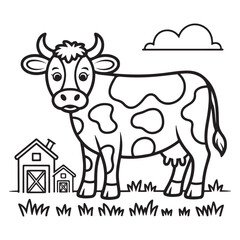 Cartoon Cow in a Pasture with Fence and Clouds - Fun Line Art for Coloring