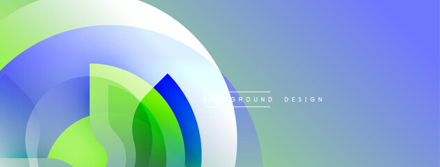 Abstract design features layered circles, vibrant green, blue hues. Smooth gradients create modern visual effect. Minimalist style.