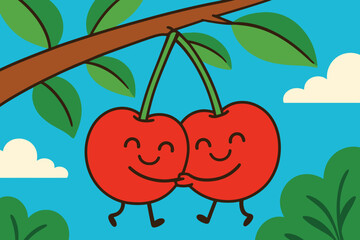 Happy Cherries Hugging on a Branch in Summer