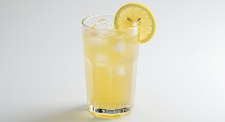Refreshing Iced Lemon Drink in Tall Glass with Ice Cubes