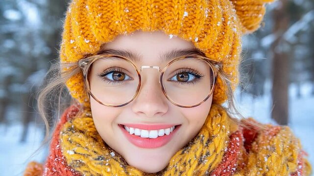 Winter Wonderland Smile: A girl in a knitted hat and scarf smiles brightly in a snowy forest.