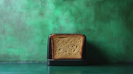 Toasted bread in toaster against teal wall