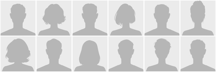 Set of twelve silhouette profile avatar defoult photo placeholder, male and female, in uniform minimalist grey tones. Ideal for graphics or anonymous user interfaces, featuring diverse hairstyles.