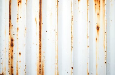 Close-up illustration shows rust on white corrugated metal surface. Corrosive rust spots on old metal iron sheets. Aged textured industrial background. Use for industrial design, grunge art