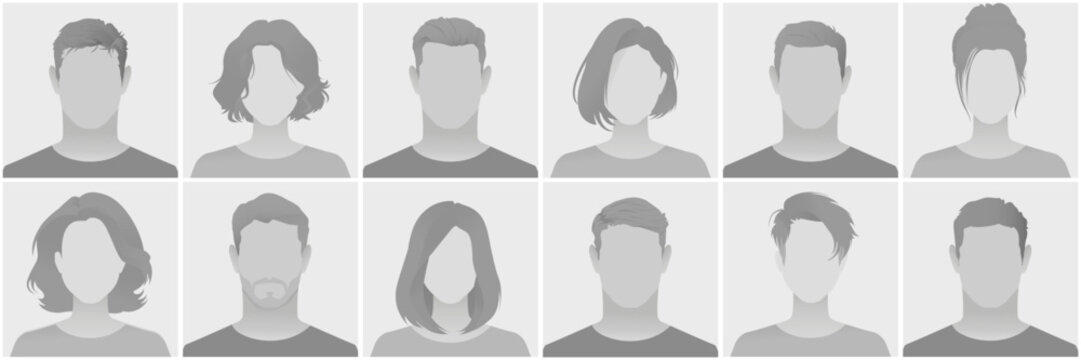 Set of grayscale generic profile pictures featuring silhouettes of men and women with various hairstyles as placeholders or avatar defoult photo placeholder for social media or websites.