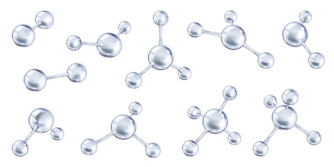 Realistic silver collagen molecules realistic color icons set. Biochemistry healthcare and beauty product 3d objects bundle on white background