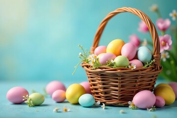 Colorful Easter candy in a basket, surrounded by spring flowers and pastel-colored eggs , bunny, holiday decorations, vibrant