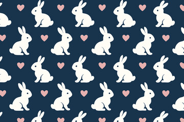 Seamless Pattern White Rabbits Pink Hearts Dark Blue Background