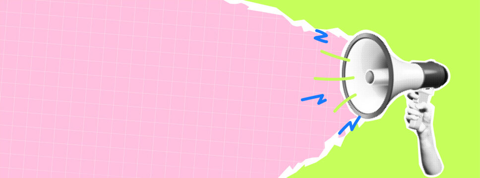 Creative collage of hand holding megaphone on a vibrant pink and green backdrop. Retro pop art style with abstract elements for dynamic announcement concepts.