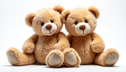 Two cute teddy bears sitting on white isolated background. Friendly toys concept, childhood, kids joy. Plush brown bears with happy faces and big eyes. Childrens love.