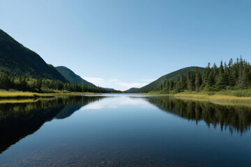 Fototapeta premium serene summer landscape featuring crystalclear lake surrounded by lush green forests in newfoundland