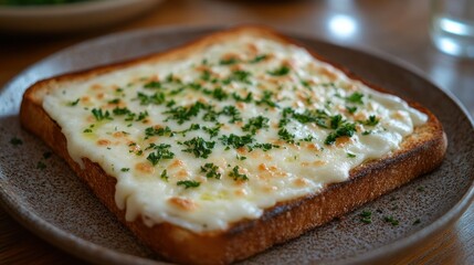 Toasted bread topped with melted cheese and herbs