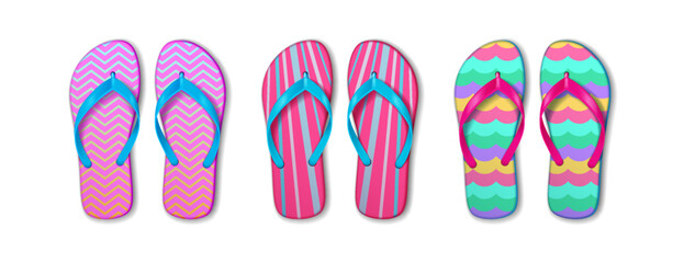 Set of three pairs of flip flops in cheerful patterns and bright colors. Each pair features unique designs, ideal for summer beachwear and relaxation.