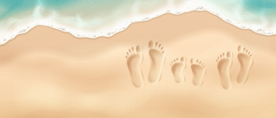 Footprints of father, child and mother in front of a sea wave, top view. Illustration of family footprints in soft sand by the shore with gentle ocean waves. Relaxation and summer vacations. © ApoevArt